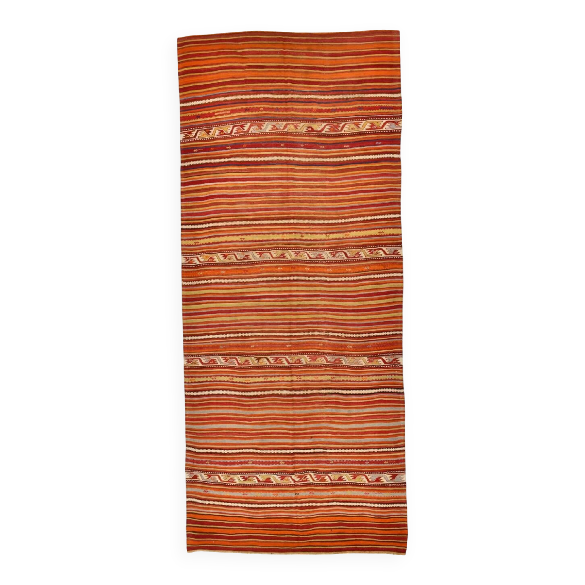 Pumpkin Orange Striped Turkish Woven Kilim Rug, 158x390 Cm