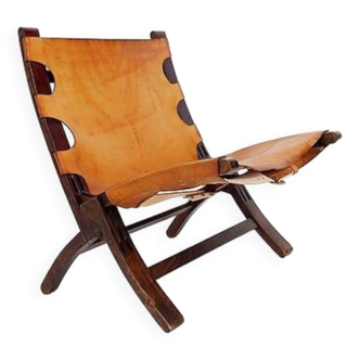 Mid century leather and wood folding armchair, 1950s