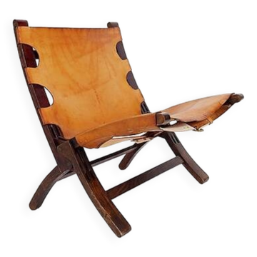 Mid century leather and wood folding armchair, 1950s