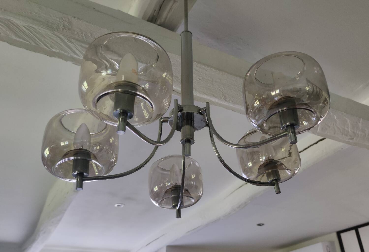 70s chandelier, smoked glass globes, 5 lights