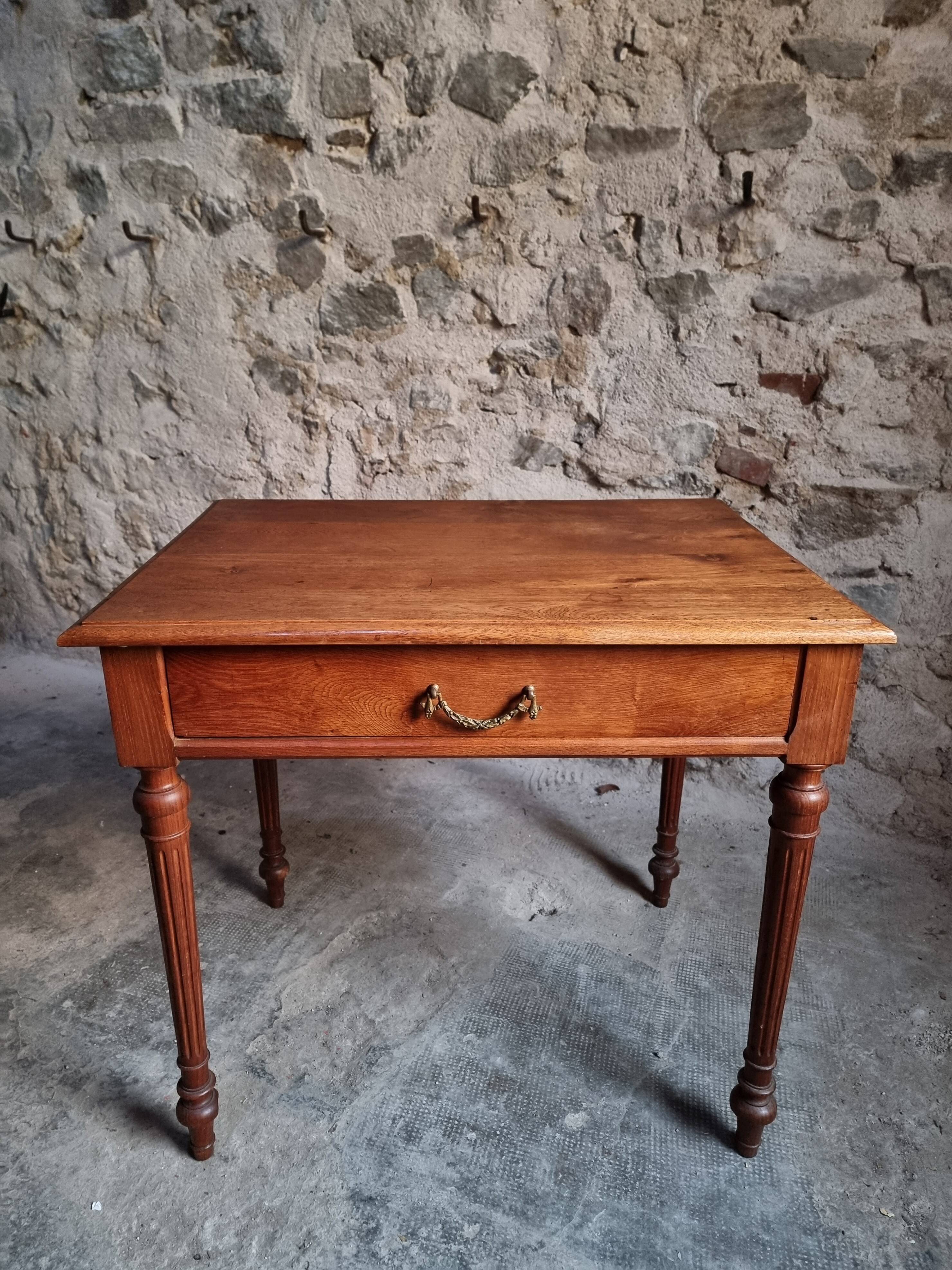 Antique oak writing table with drawer, French side table, console, solid oak desk, circa 1930–1950.