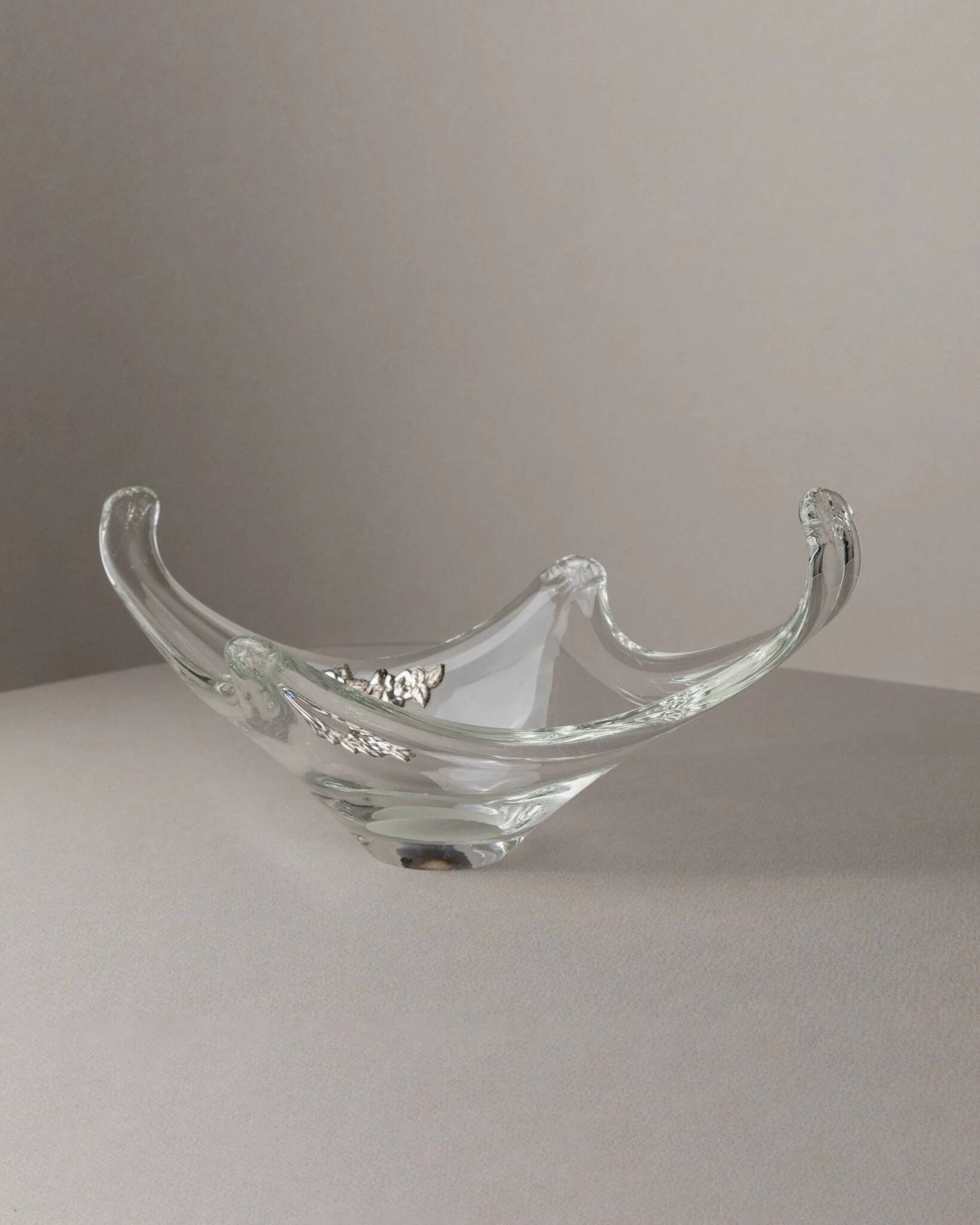 Transparent Murano Glass Bowl with Sterling Silver Flowers – Pointed, Italy 1970s Gift-worthy Centerpiece