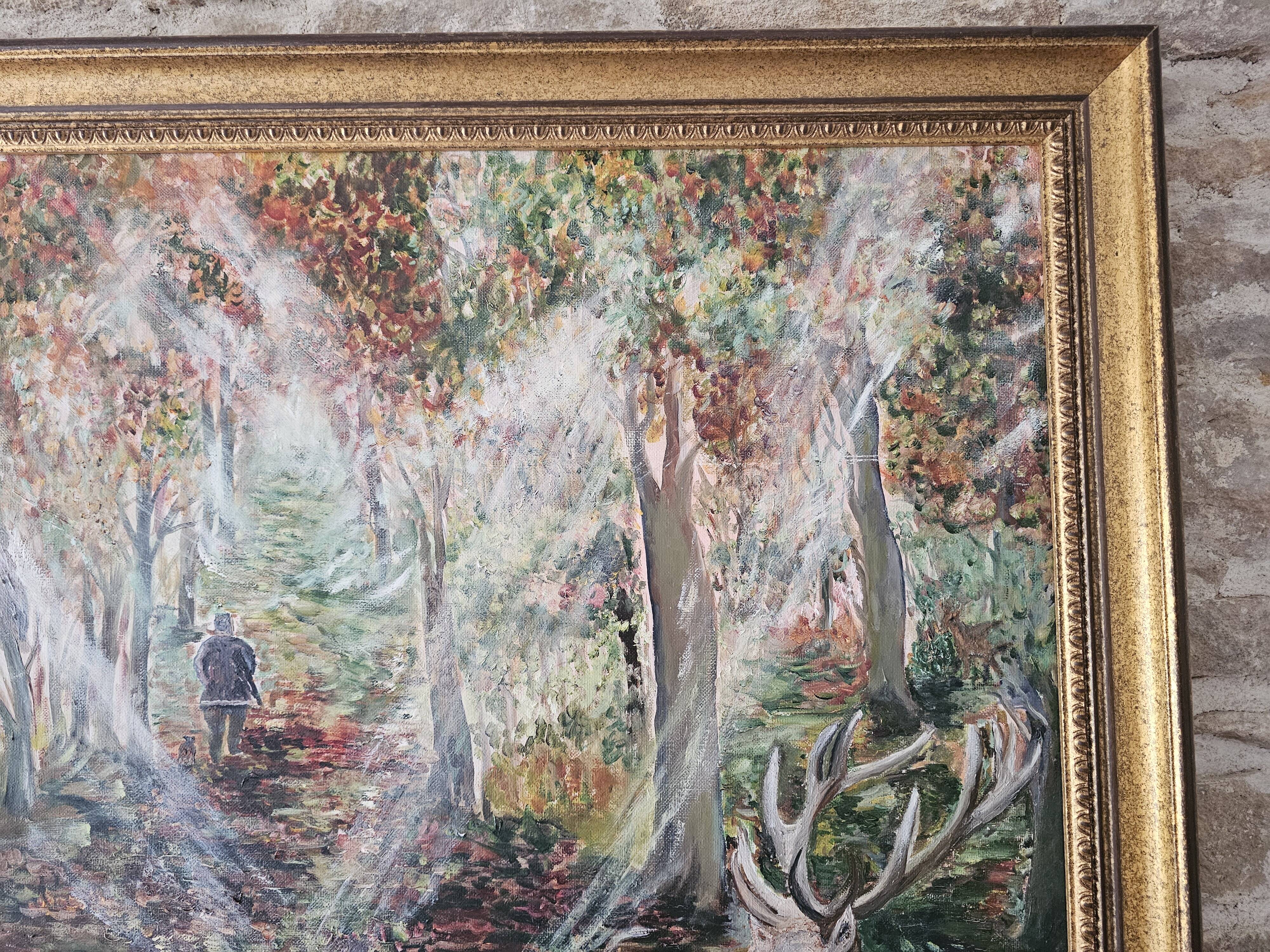 Oil on Canvas Painting Landscape Forest Hunting Scene signed M Pierret
