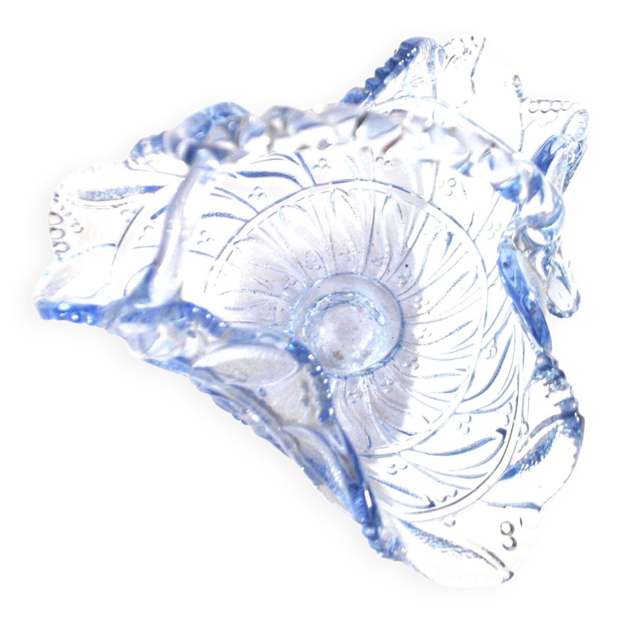 Vintage 1920s blue pressed-moulded glass bowl dish defect