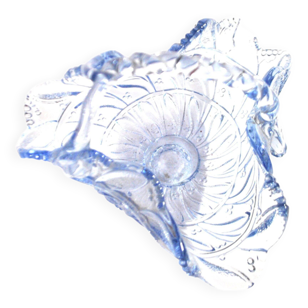 Coupelle corbeille en verre pressé-moulé bleu vintage 1920 défaut