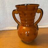 Old vase with brown ceramic handle + leaf decoration from the 70s vintage.