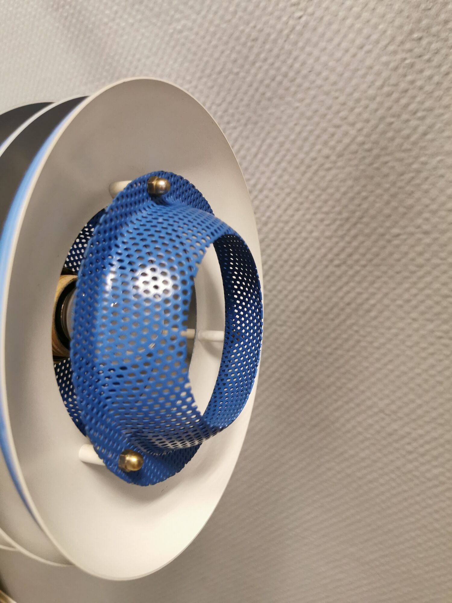 Blue lacquered metal lamp, with several layers of shades, Danish from the 80s.
