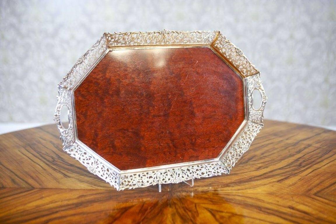 Early-20th Century Wooden Tray with Metal Openwork Border, 1950s