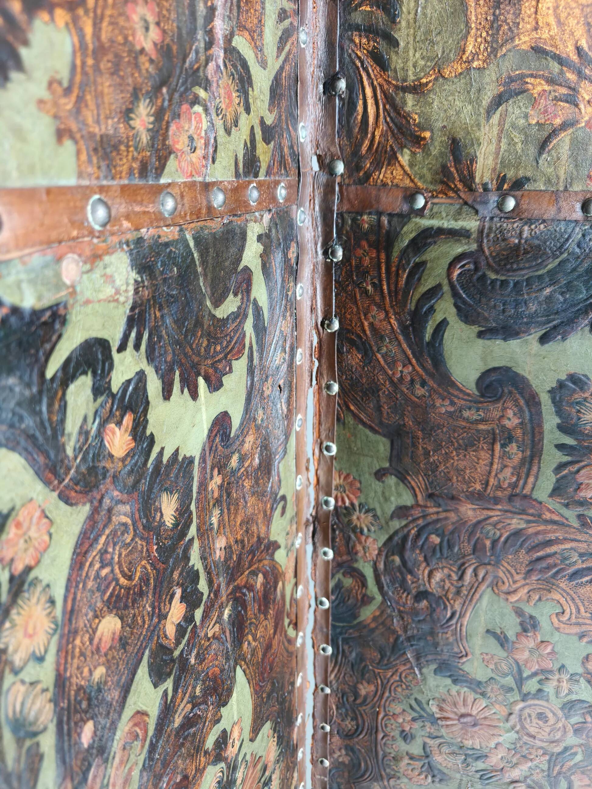 Late 18th-century Belgian embossed leather folding screen – after Daniel Marot