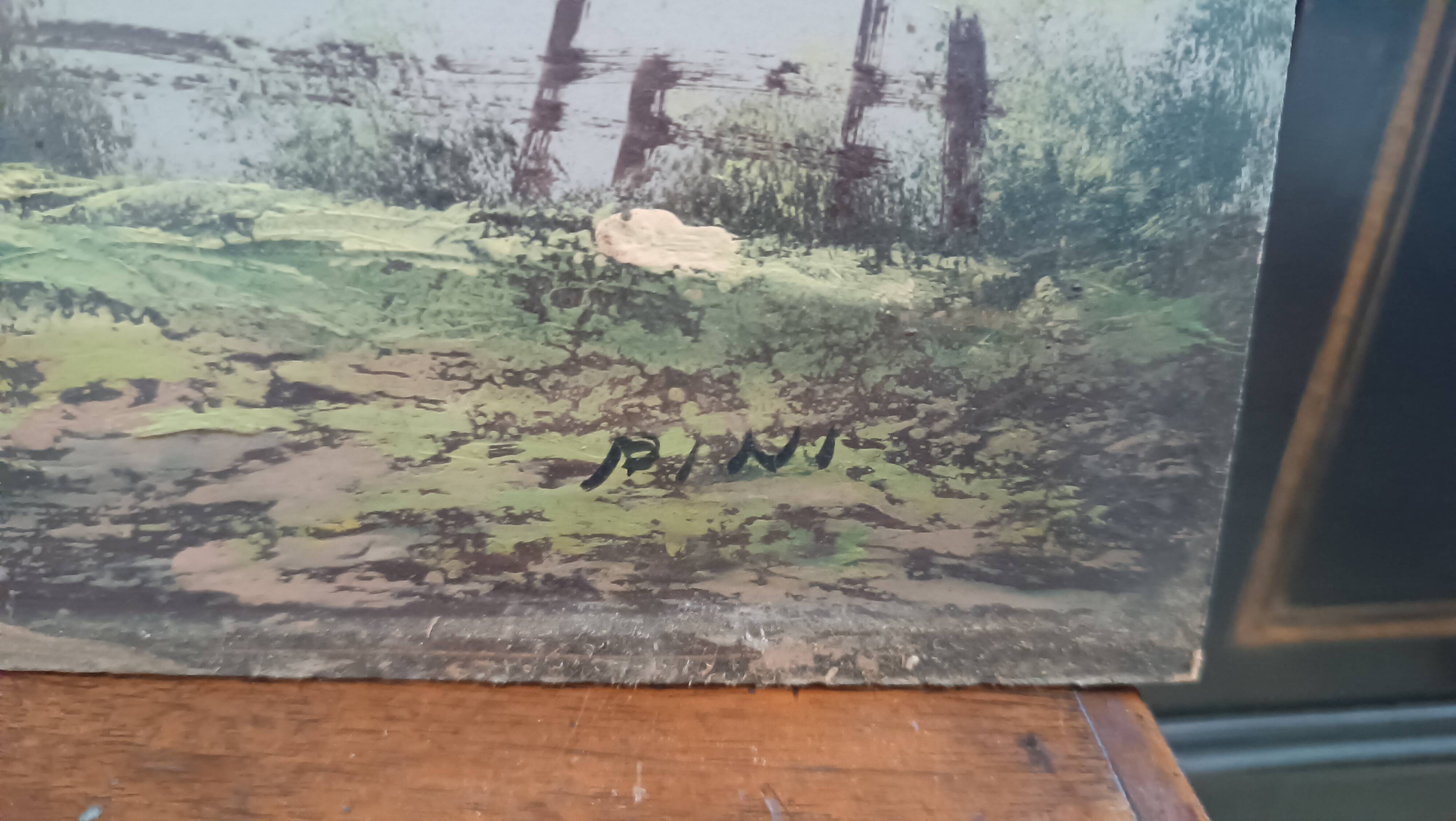 Tableau paysage montagne lac alpes signé pini années 1950