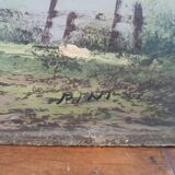 Tableau paysage montagne lac alpes signé pini années 1950