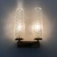 Pair of double-light wall lights, brass, teak globe, glass tubes. 50s-60s
