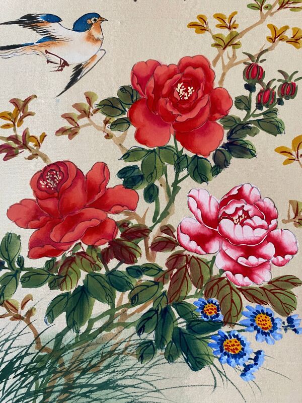 Tableau deux aquarelles sur tissus Chine fleurs et oiseaux cadres XIX°
