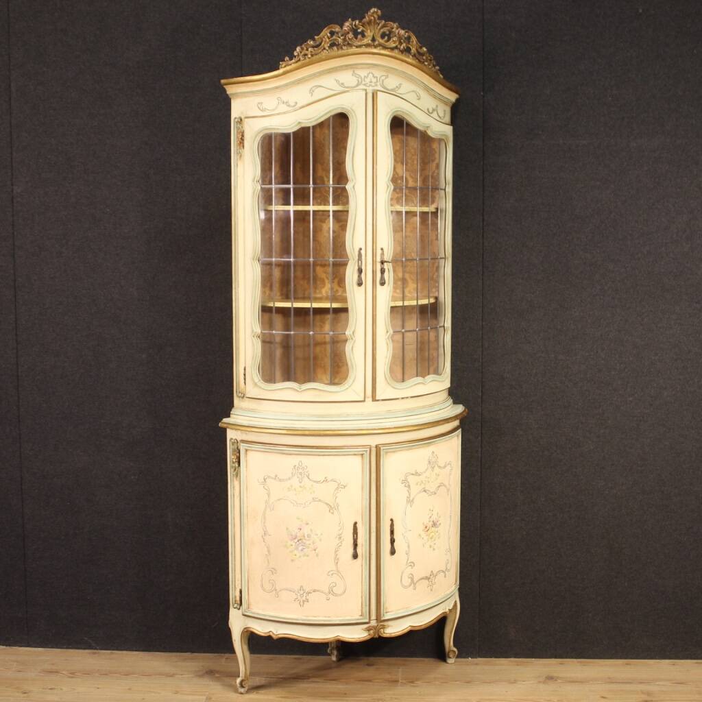 Lacquered, gilded and painted Venetian corner cabinet