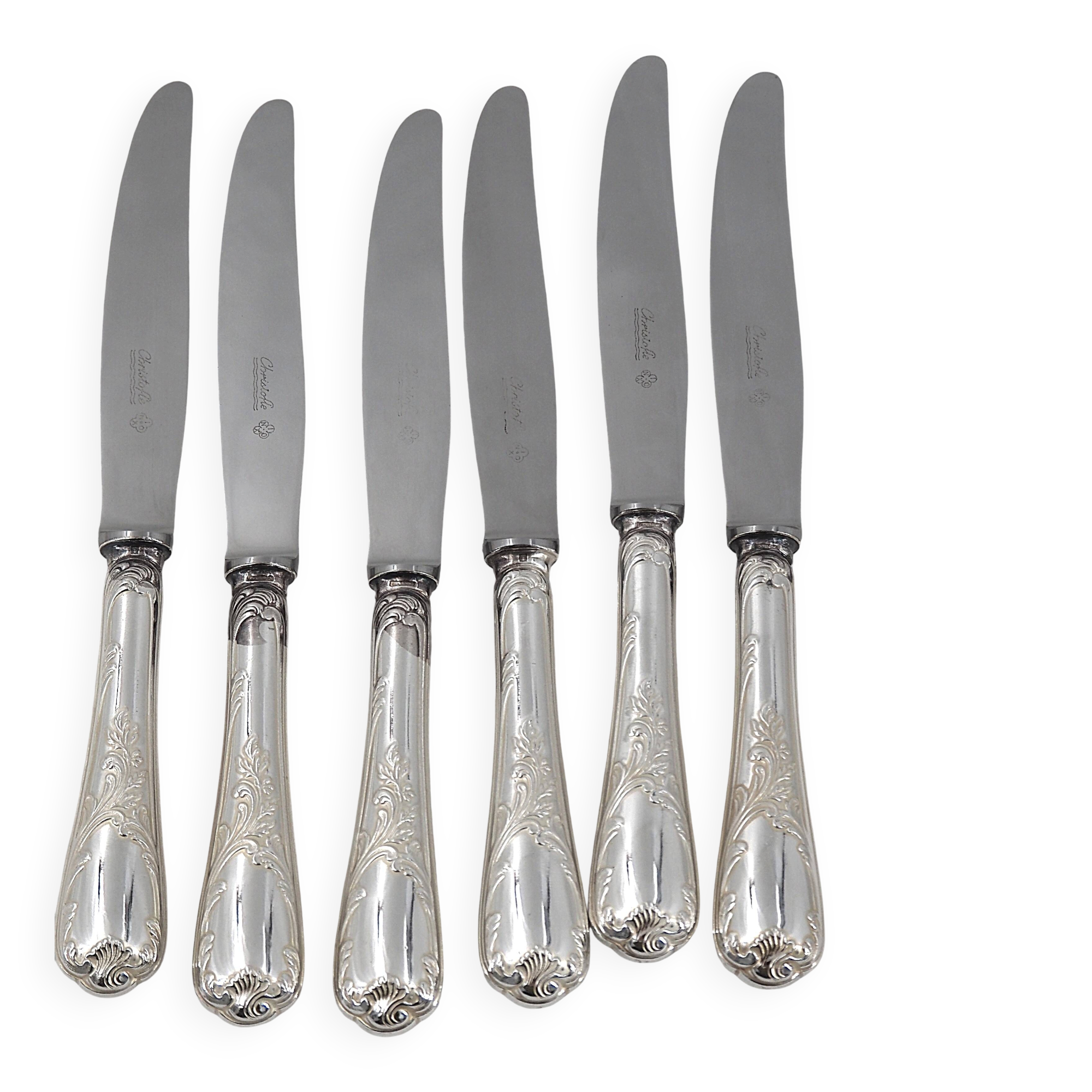 Christofle Marly, 6 table knives, silver-plated, in excellent condition.