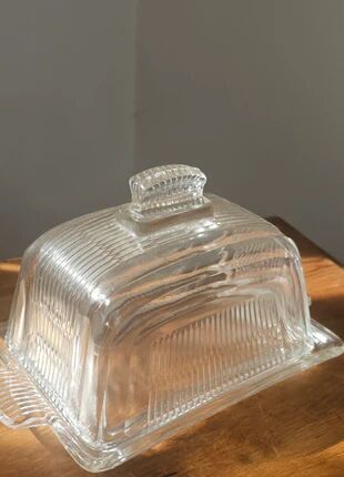 Vintage striped pressed glass butter dish