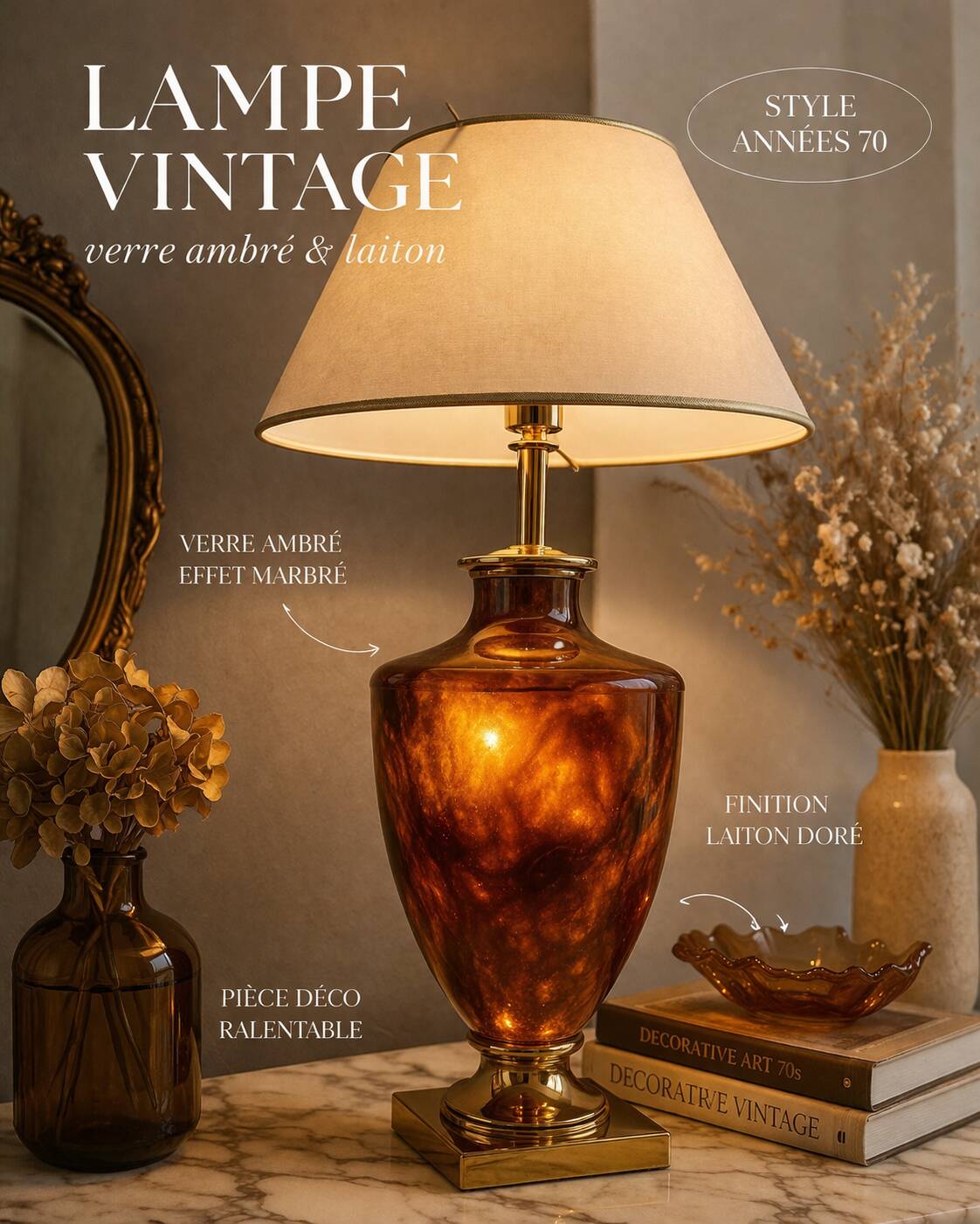 Vintage table lamp in amber glass and brass – 1970s