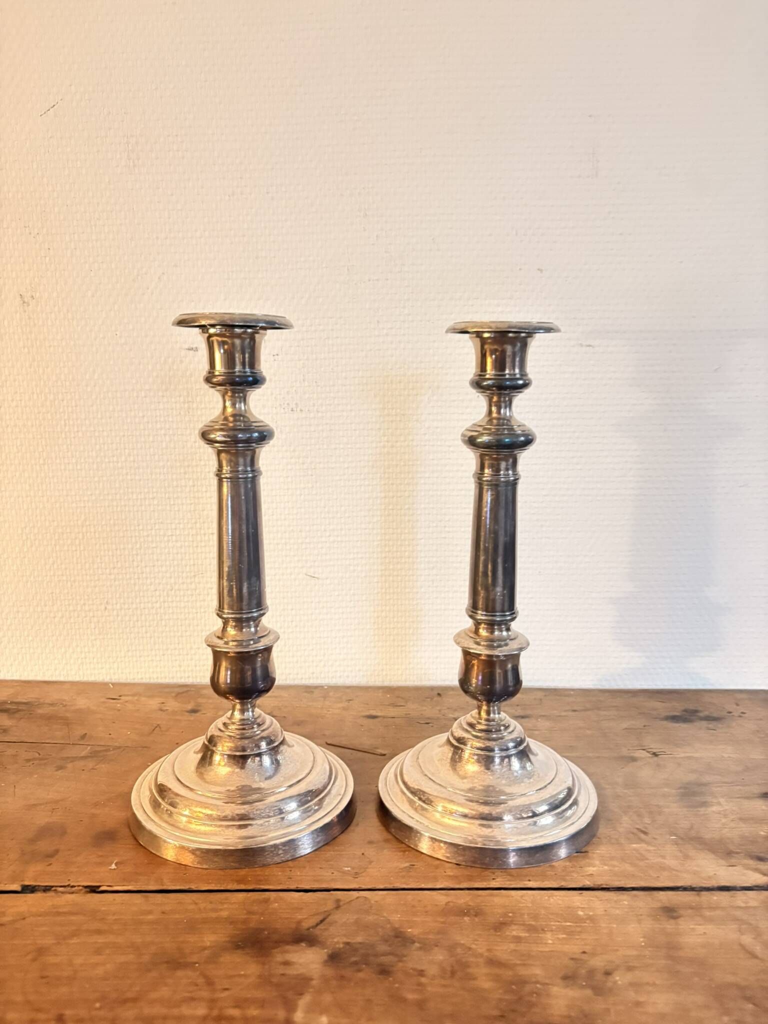 Pair of Silvered Metal Baluster Candle Holders in Louis XV Style, 19th Century Candelabra