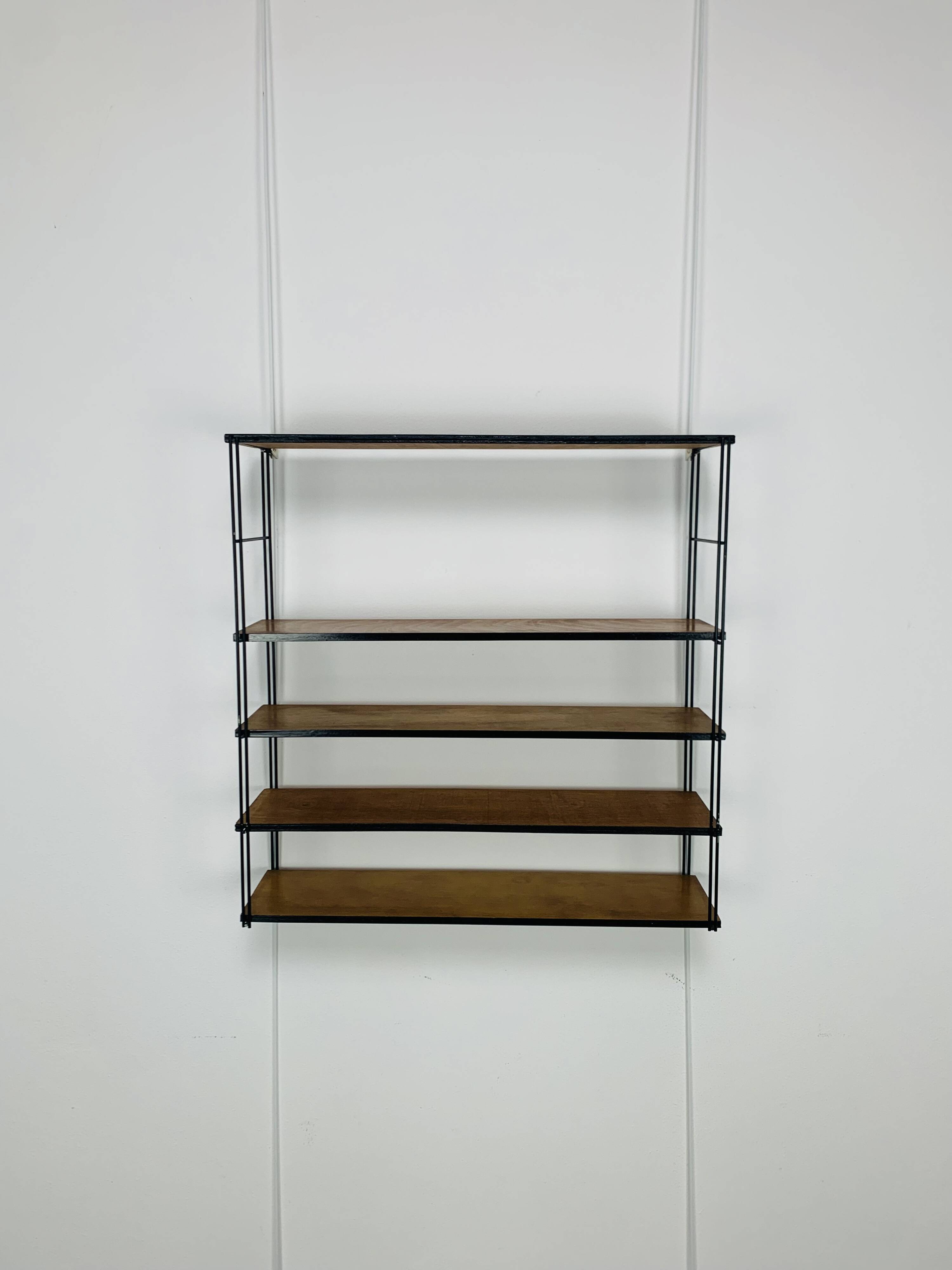 60s wall-mounted string shelf, wood and metal