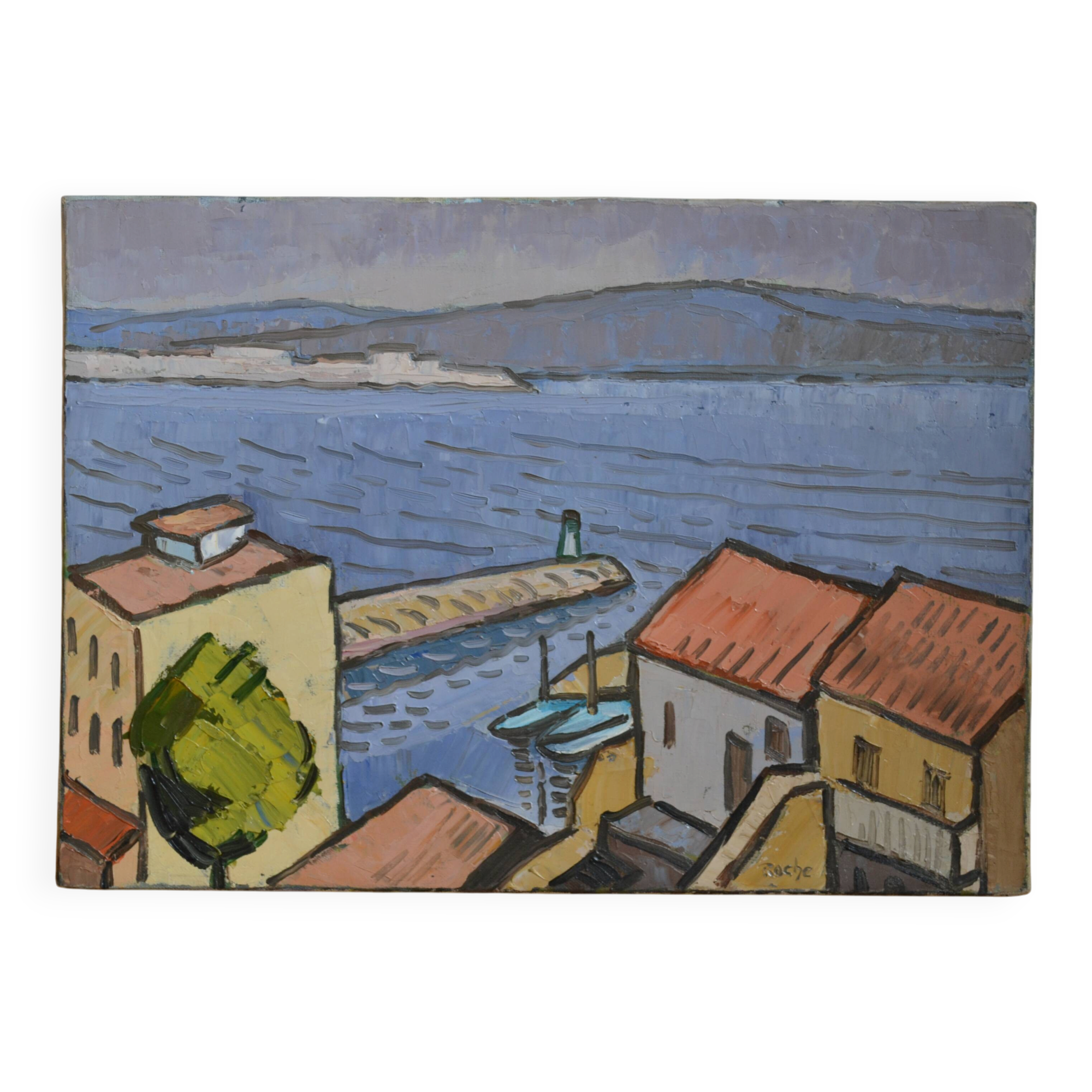 Marseille Corniche Valmer seaside landscape painting HST signed Roche