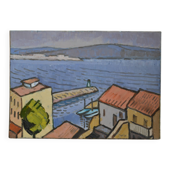 Marseille Corniche Valmer seaside landscape painting HST signed Roche