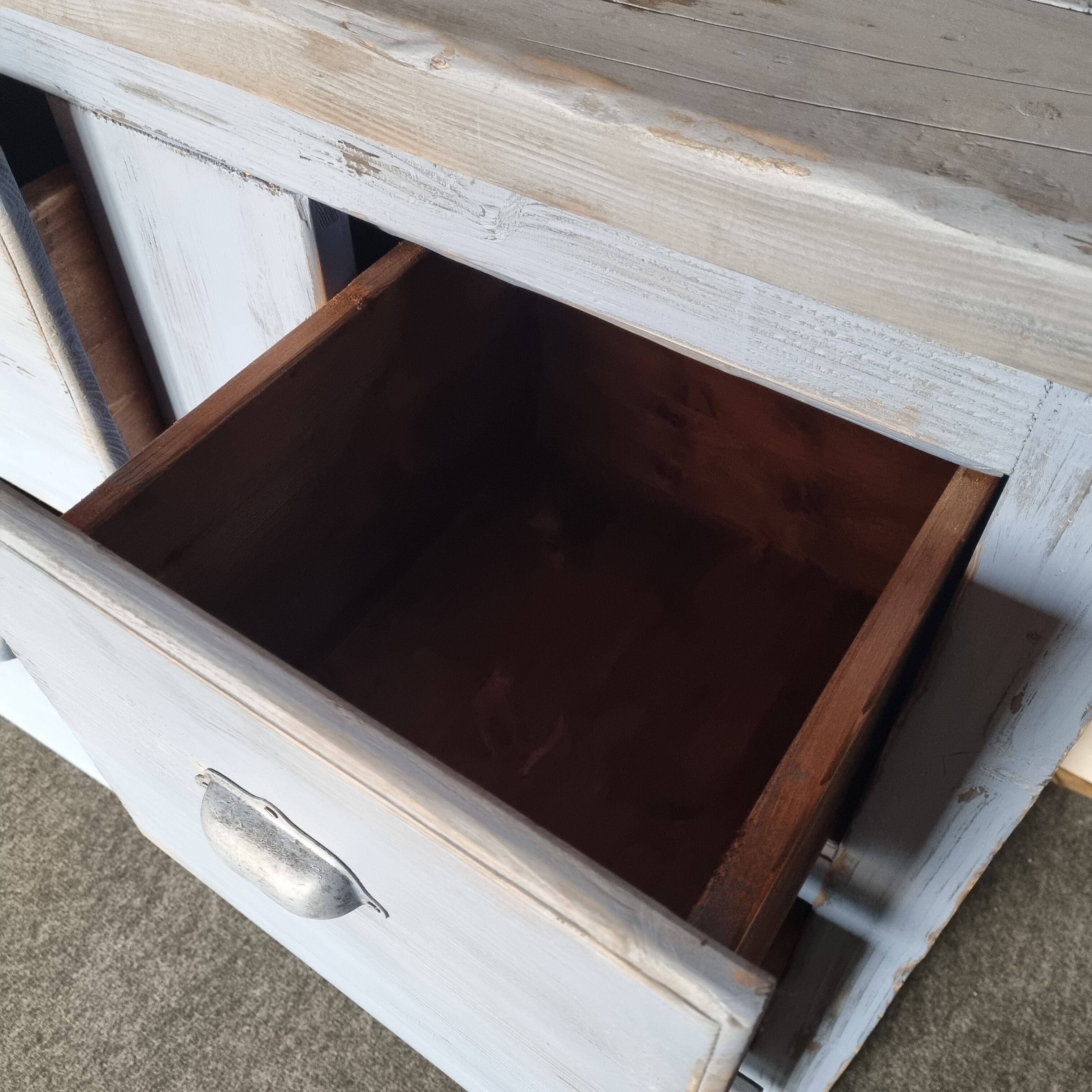 Meuble de metier établi années 40 patiné bleu