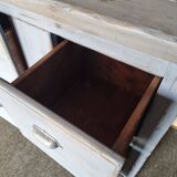 Meuble de metier établi années 40 patiné bleu