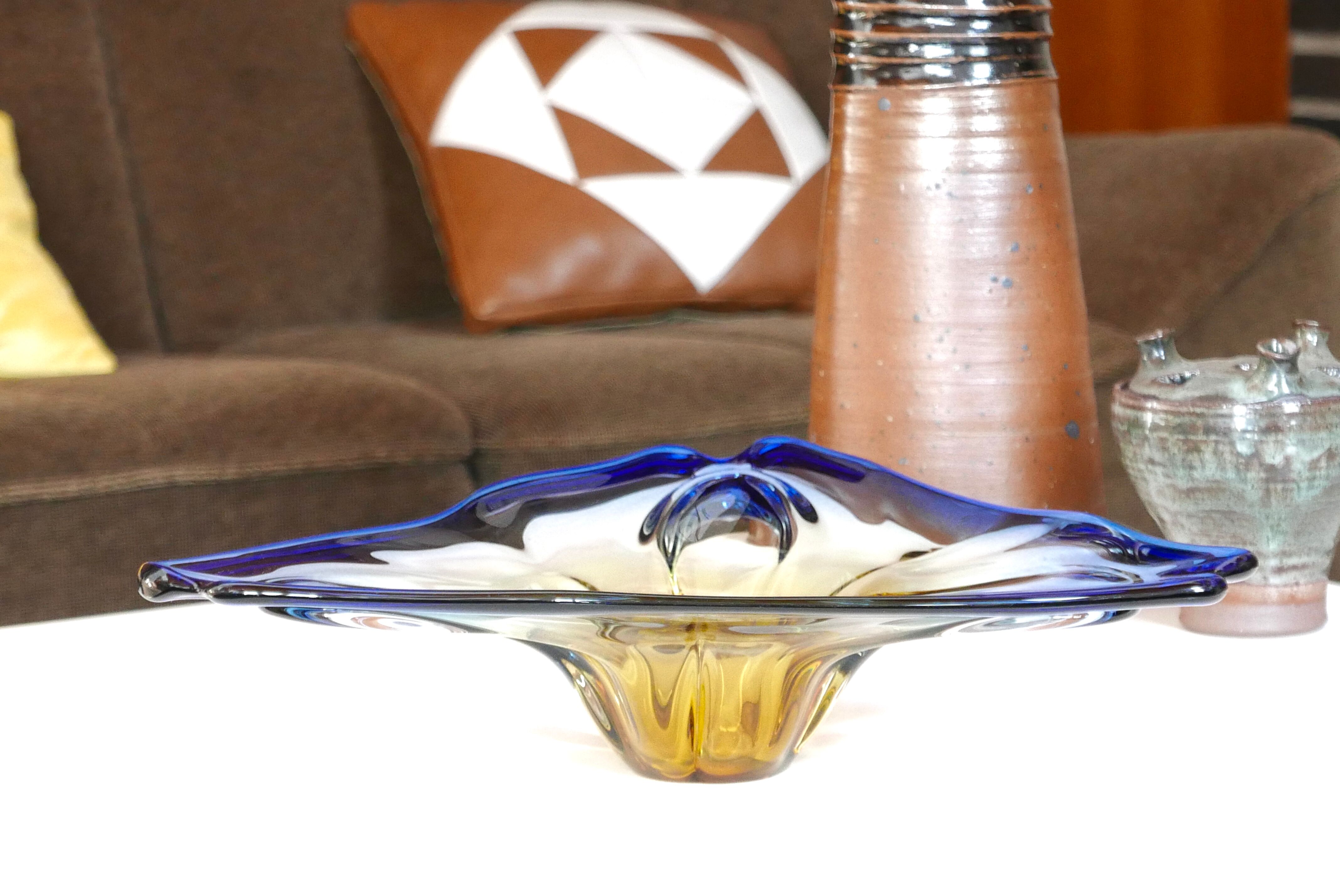 Murano trinket bowl in blue and yellow glass, 50s