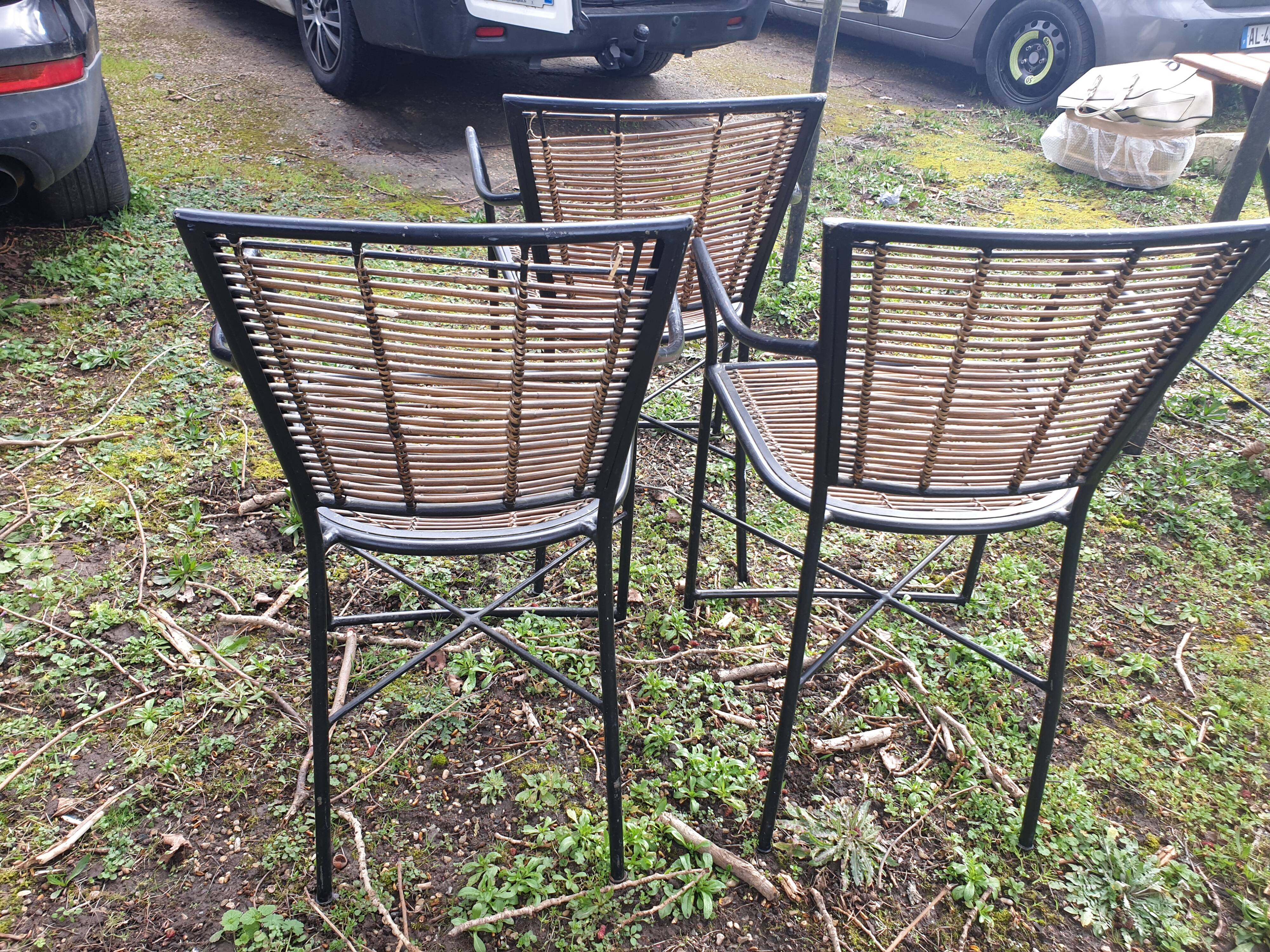 3 welded metal and rattan armchairs