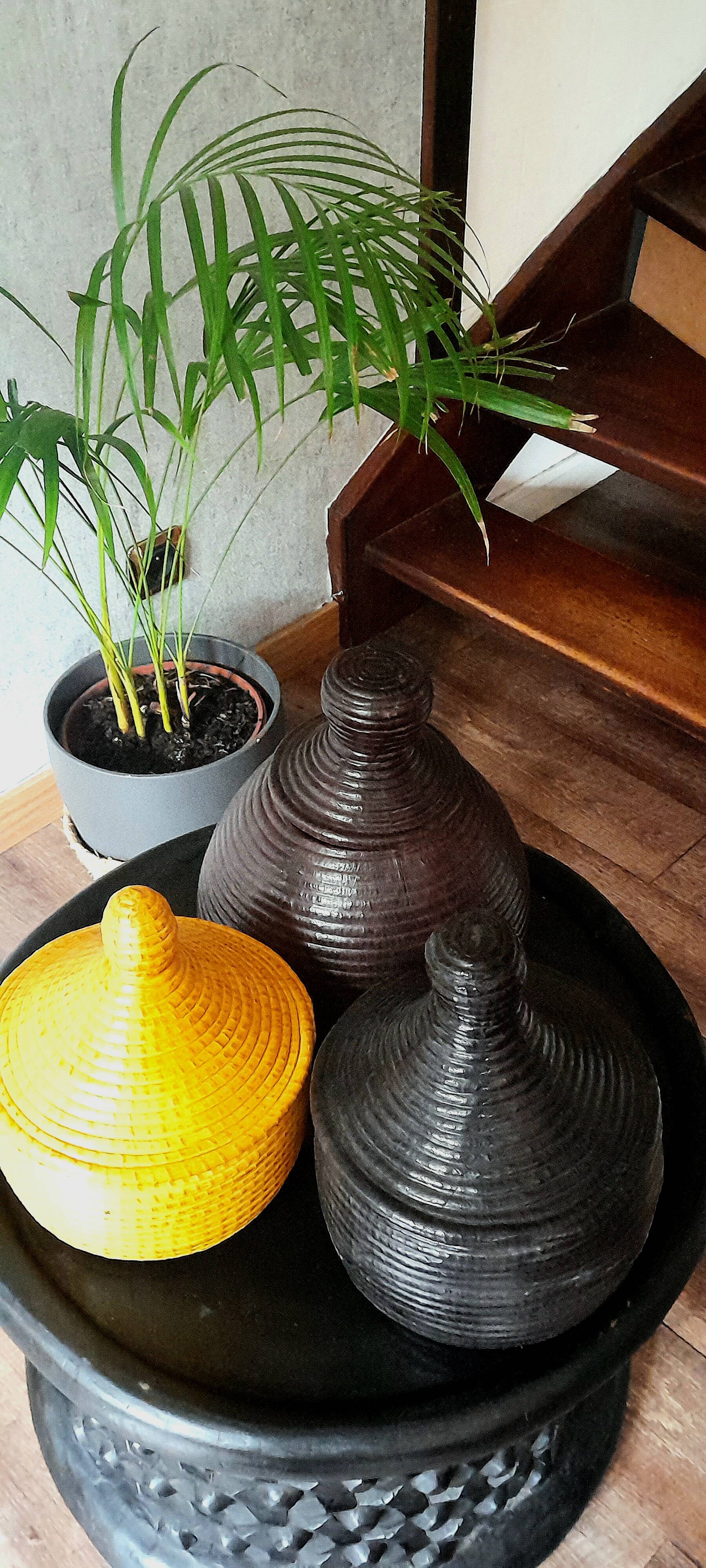 Dark purple wicker and leather round basket