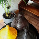 Dark purple wicker and leather round basket