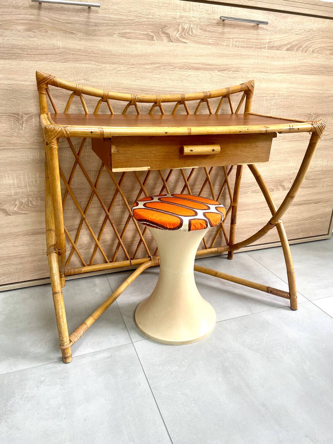 Bamboo and rattan desk and stool