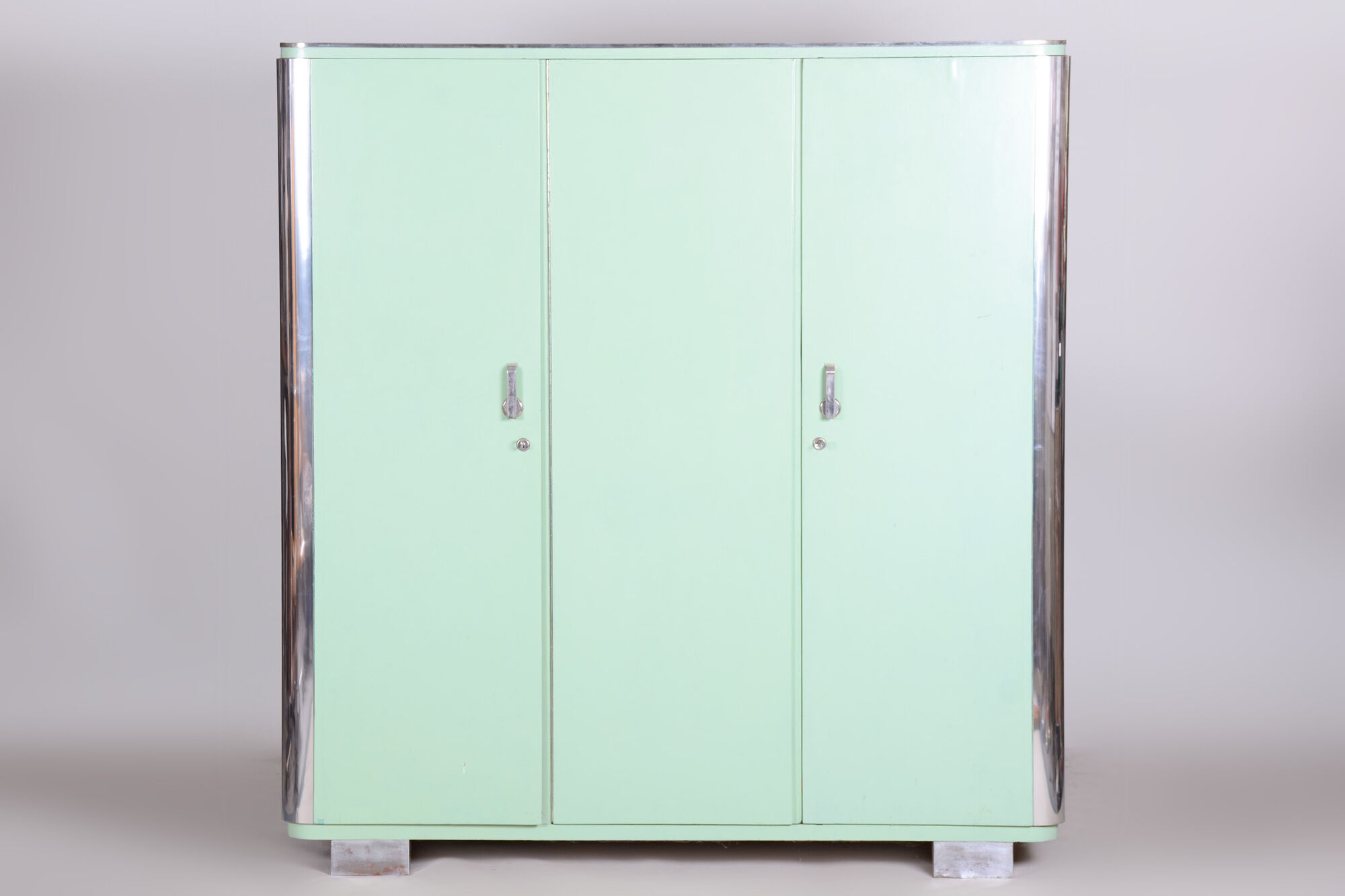 Turquoise Bauhaus three door wardrobe made in 1930s Czechia by Vichr a spol.
