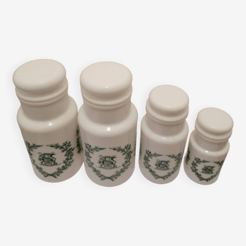 Set of 4 vintage white opaline apothecary pots