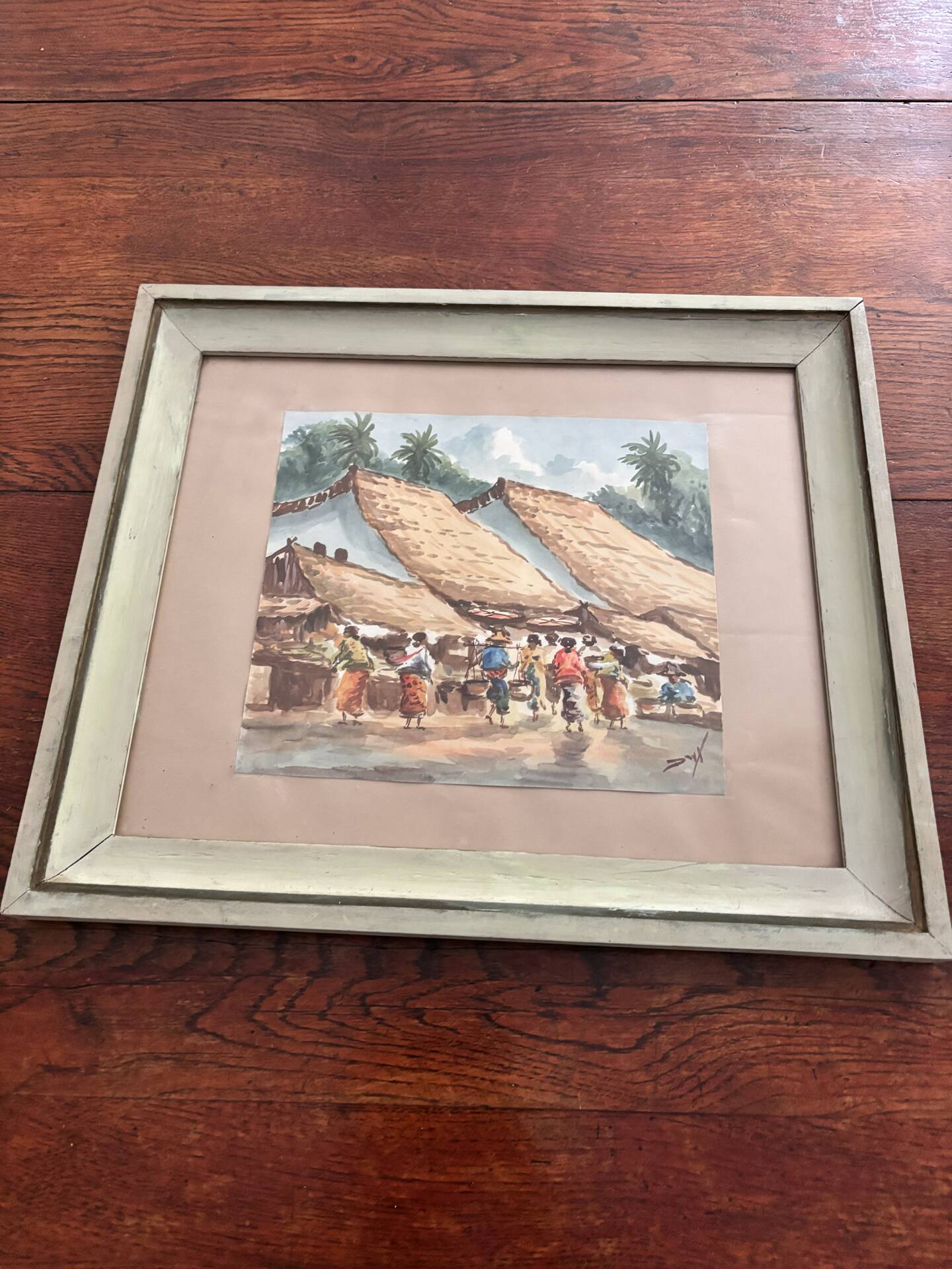 Aquarelle ancienne - Scène de Marché - École d'Indochine v. 1950