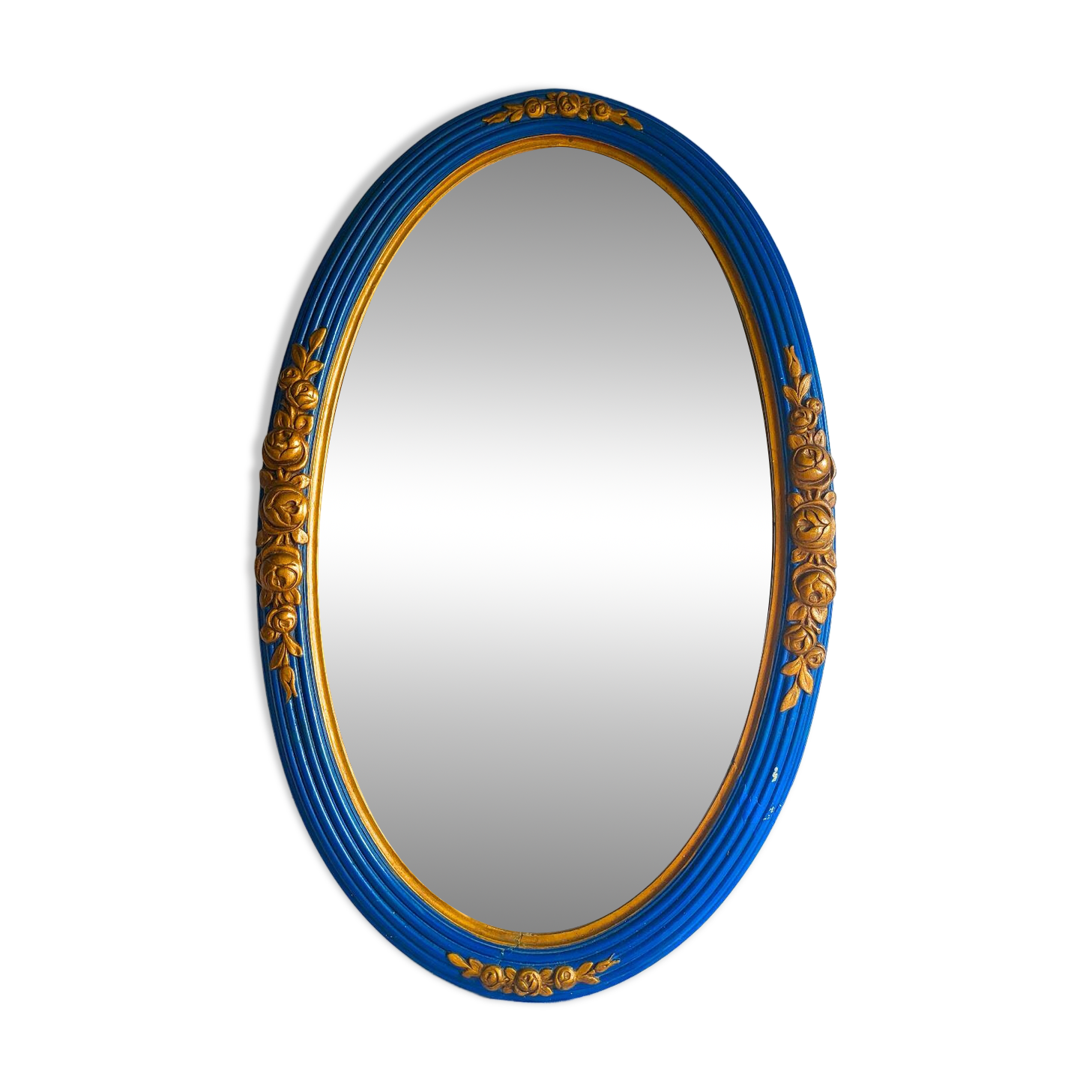 Antique oval mirror, royal blue and gold – rose design – 80 x 52 cm