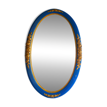 Antique oval mirror, royal blue and gold – rose design – 80 x 52 cm
