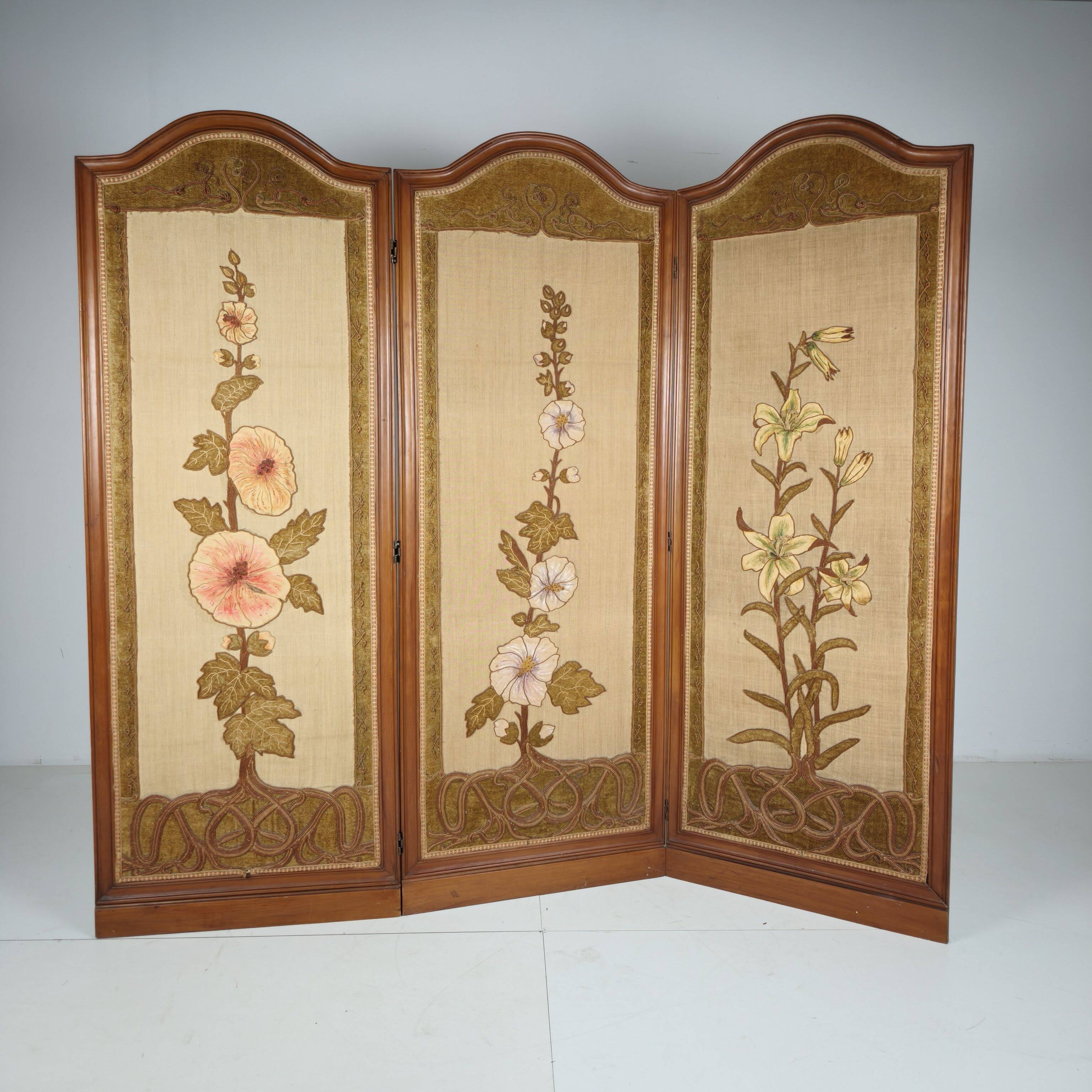 Art Nouveau Room Screen with Embroidered Floral Panels, circa 1900