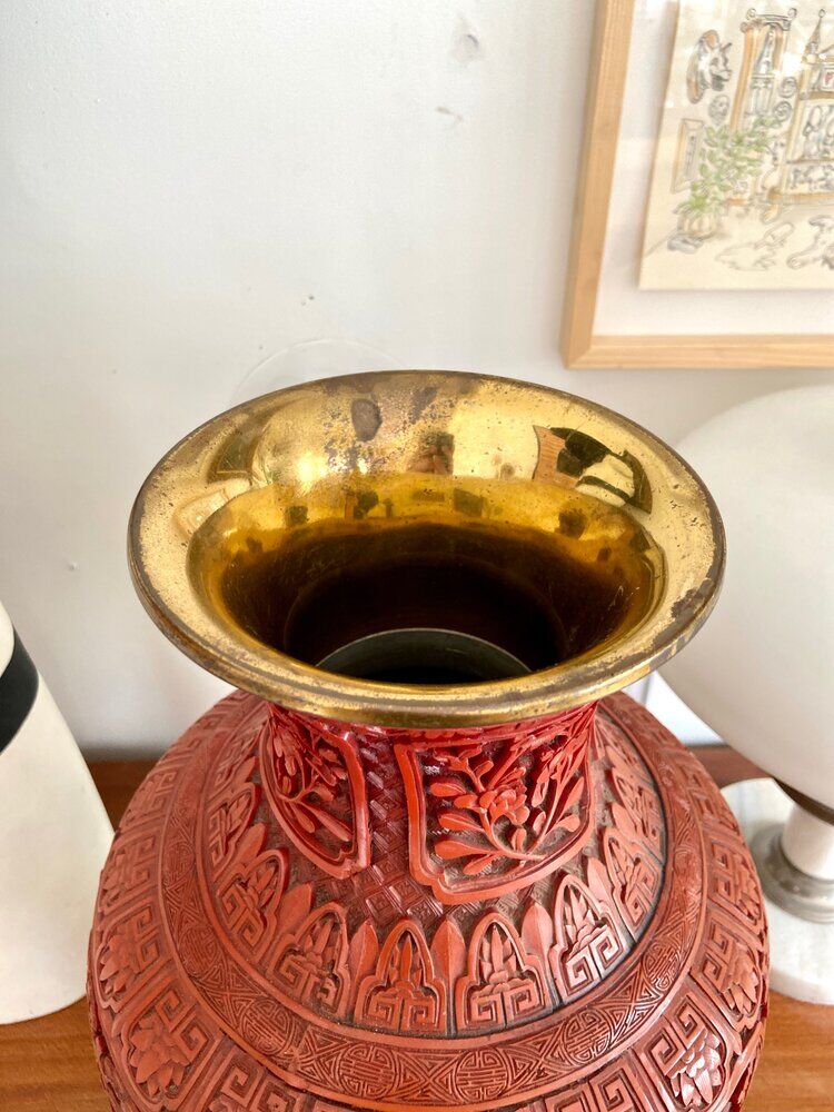 Asian metal vase and red resin
