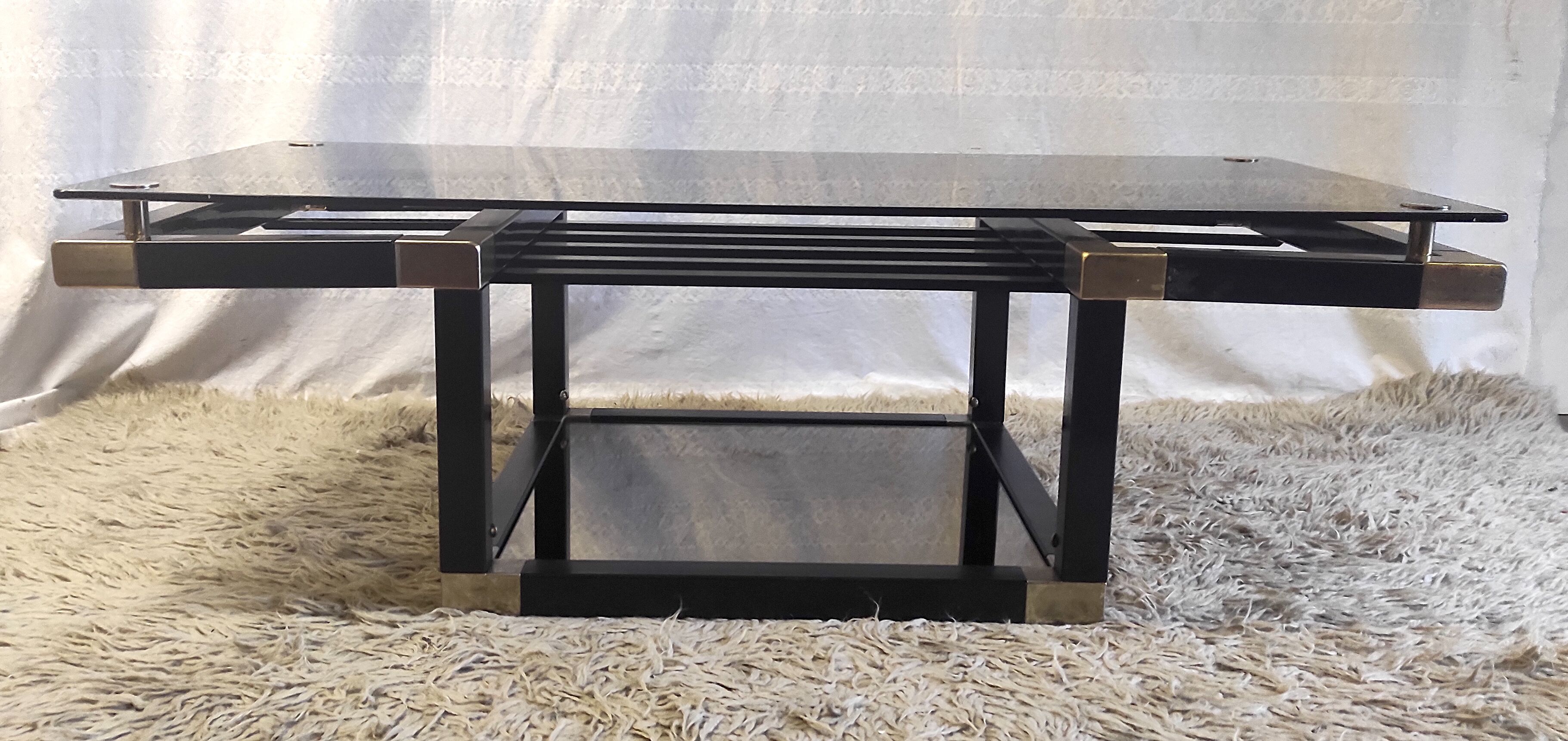Designer coffee table in metal and smoked glass, 70s-80s