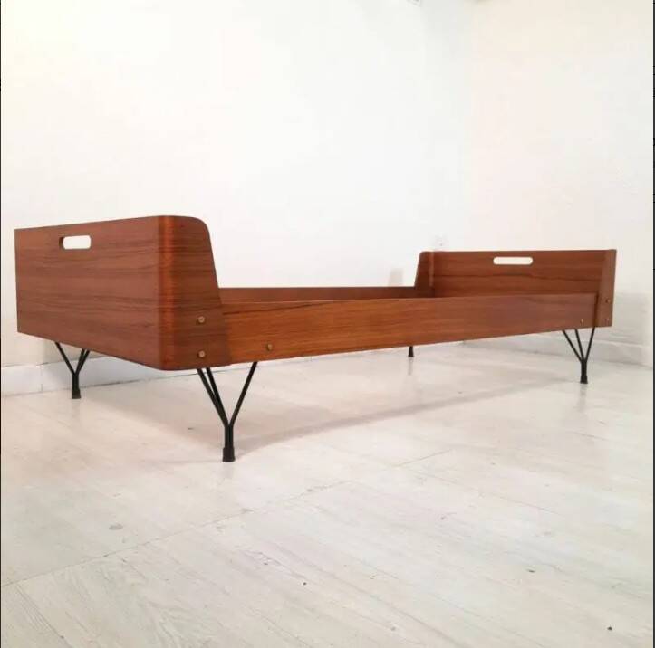 Bed manufacturer Rima, curved teak and painted iron feet, 70s