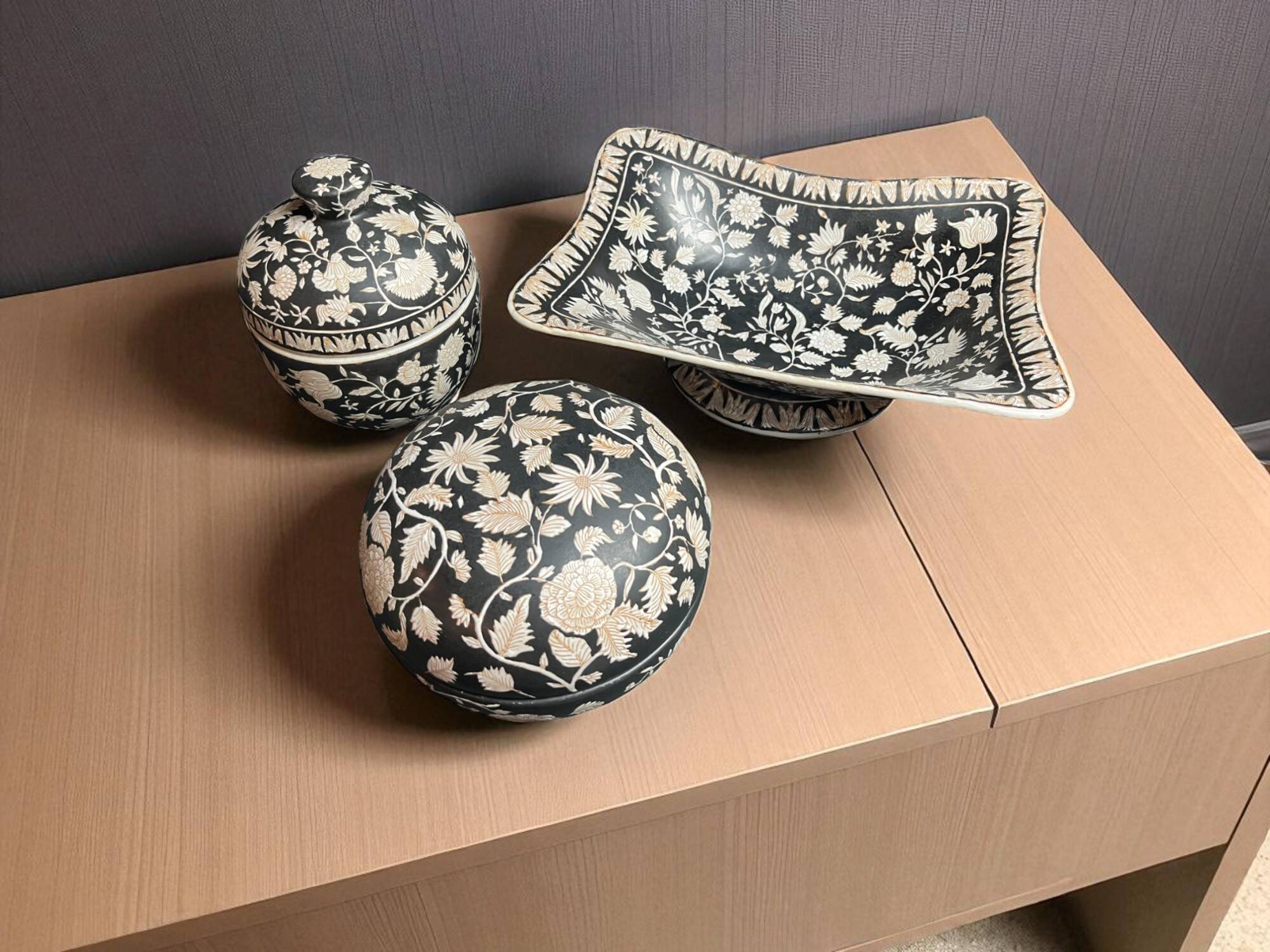 Set of three ceramic bowls with floral decoration G&C Denmark 20th century
