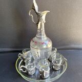 Liquor service Art Nouveau 1/2 Enamelled colored crystal with silver metal frame