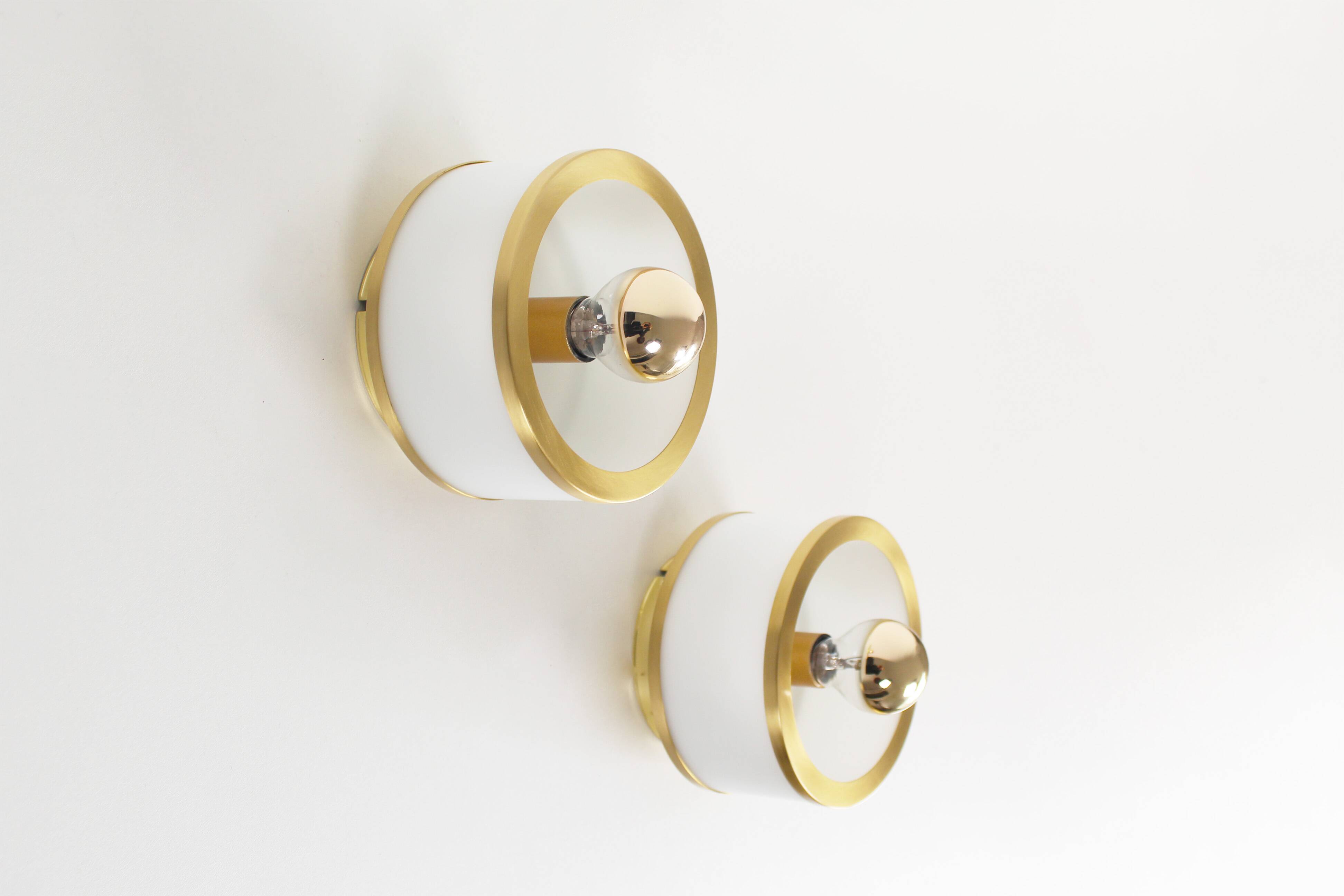 Pair of vintage 1980's opaline glass and brushed brass wall lights