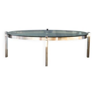 Table basse ovale en verre fumé et chrome design 1970