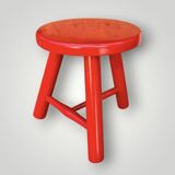 Tabouret vintage, porte-plante tripode en bois laqué rouge