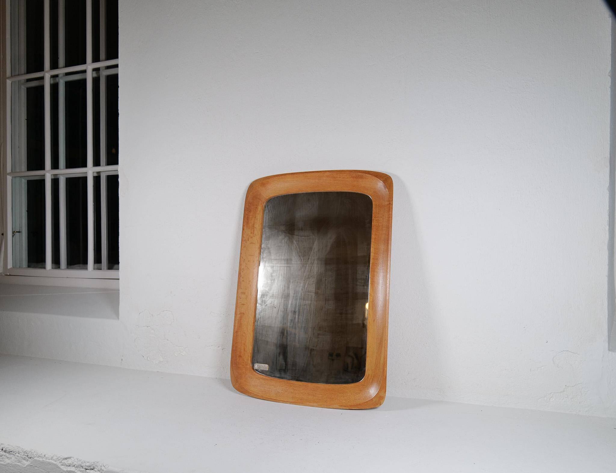 Mid-century modern sculptural wall mirror, oak, crystal glass, Glas & Trä, 1960s