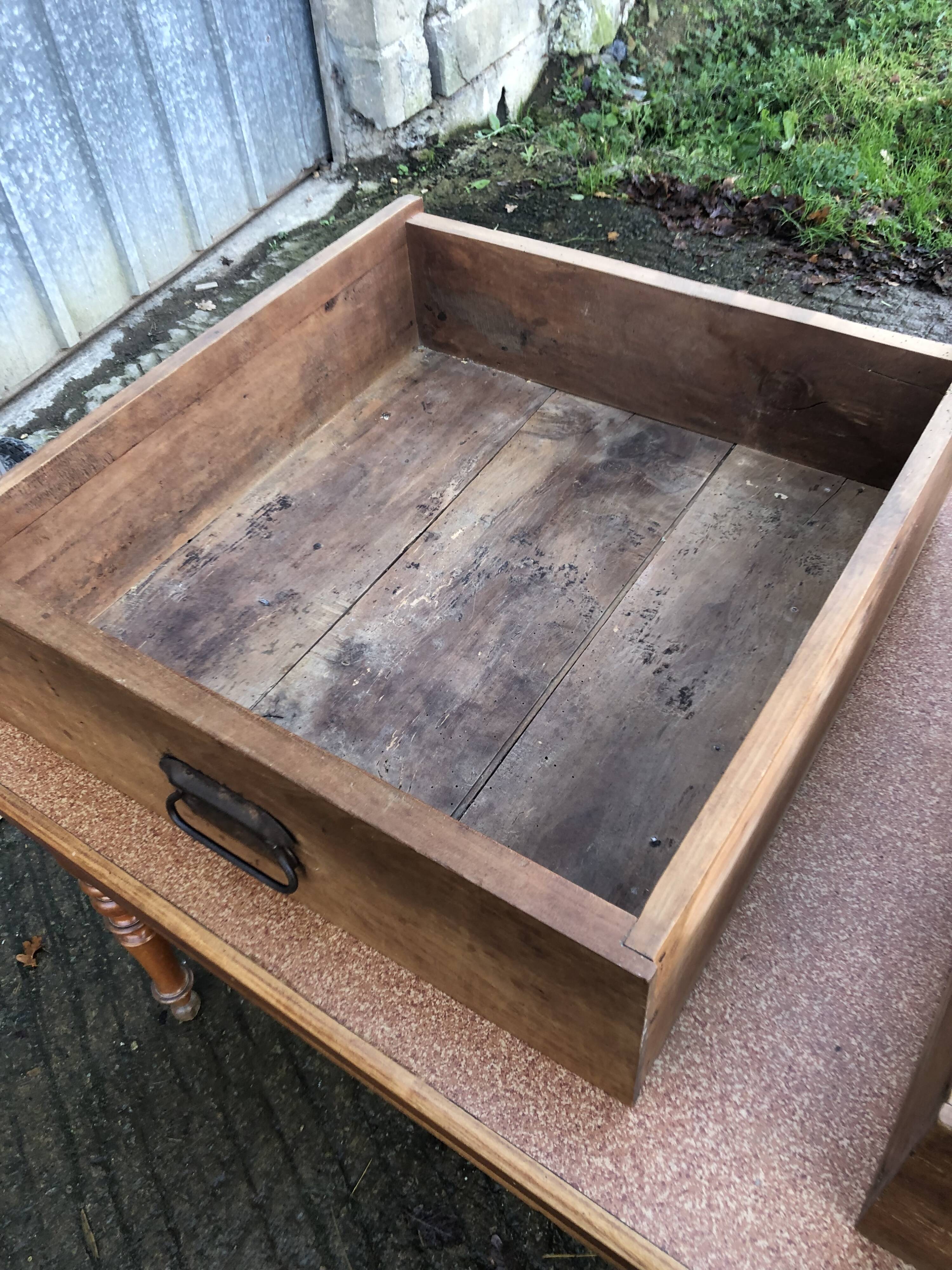 Solid cherry game table with 2 front drawers and panelled crosspieces.
