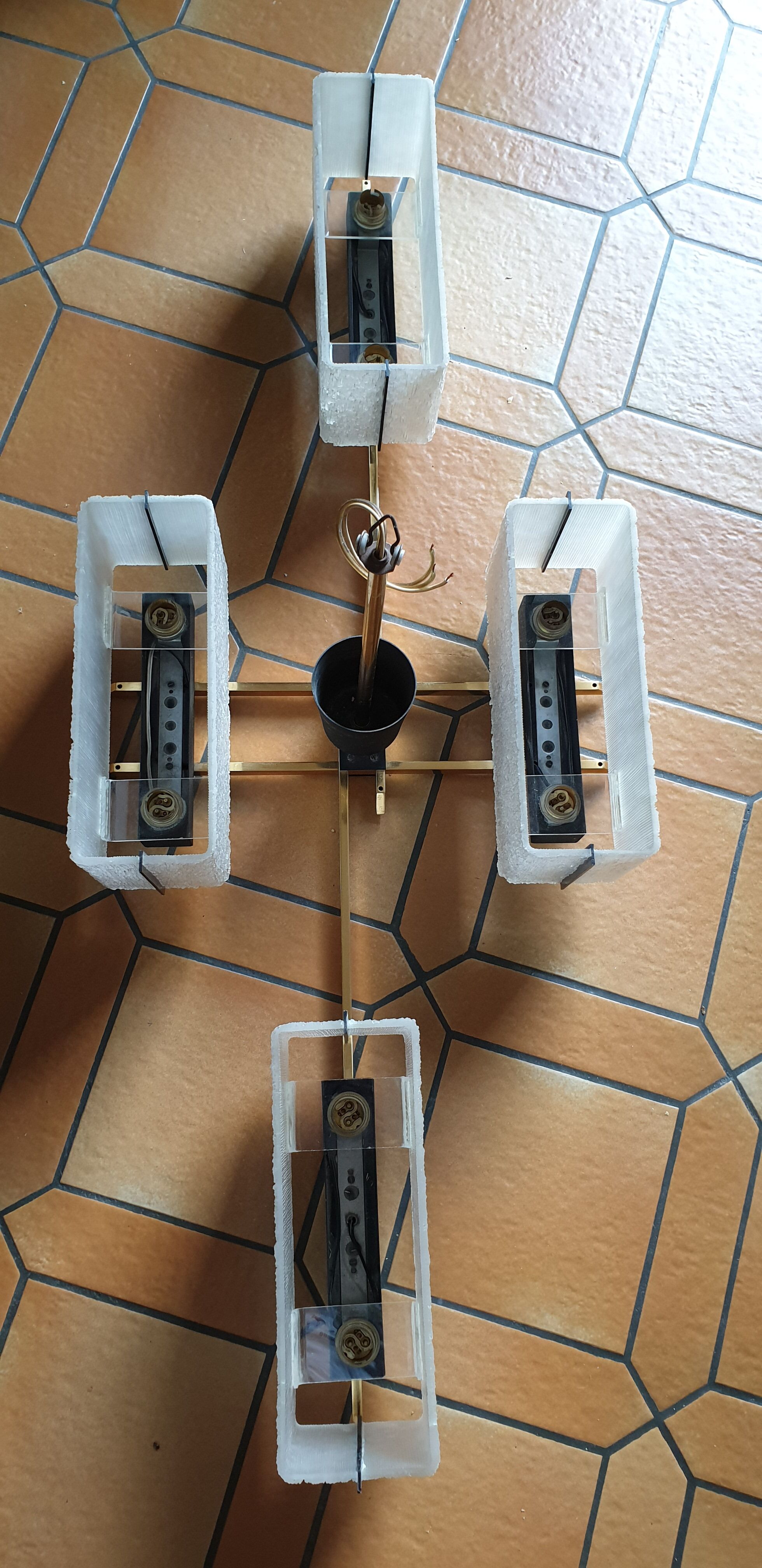 Arlus chandelier 4x2 brass lights prespex 1950/1960 vintage