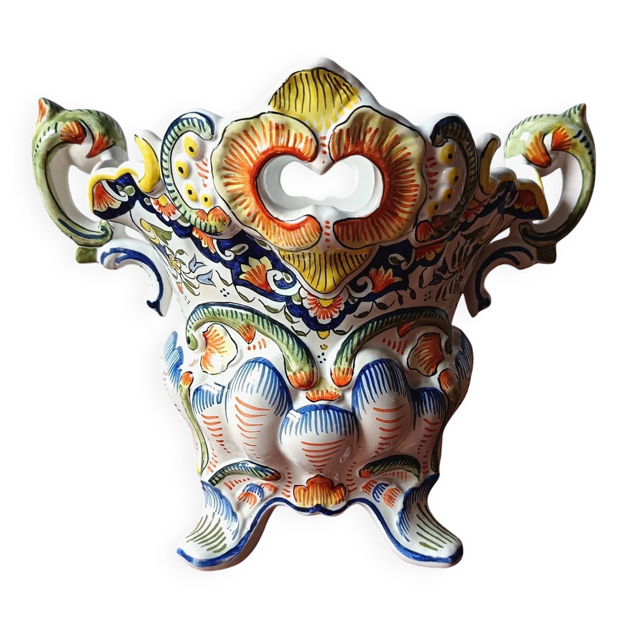 Vintage ceramic bouquet holder / cache-pot with old Rouen decoration.